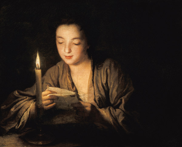 Mädchen, bei Kerzenlicht einen Brief lesend von Jean Baptiste Santerre