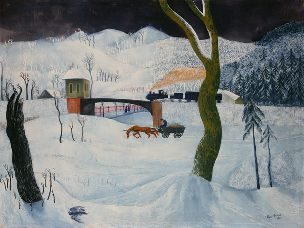 Winterlandschaft mit Fuhrwerk und Eisenbahn von Jenö Paiss-Goebel