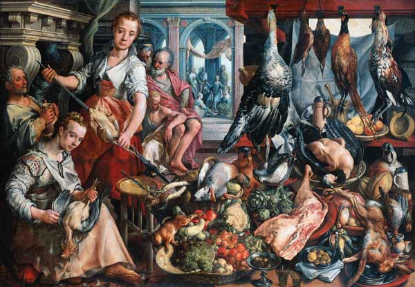 Die gut ausgestattete Küche, mit Jesus bei Martha und Maria im Hintergrund von Joachim Beuckelaer