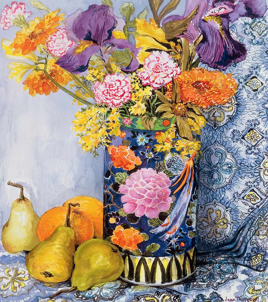 Iris and Pinks in a Japanese Vase with Pears (w/c on paper)  von Joan  Thewsey