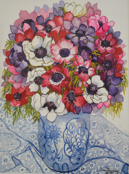 Anemones in a Blue and White Pot, with Blue and White Textile von Joan  Thewsey