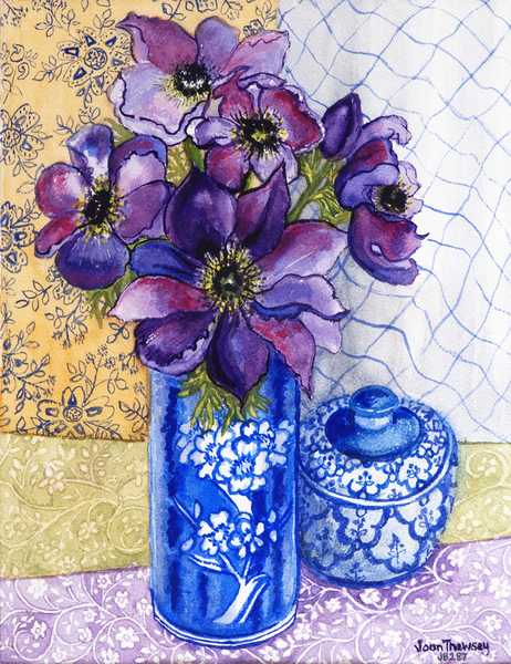 Anemones in a Blue and White Vase with Pot and Textiles von Joan  Thewsey