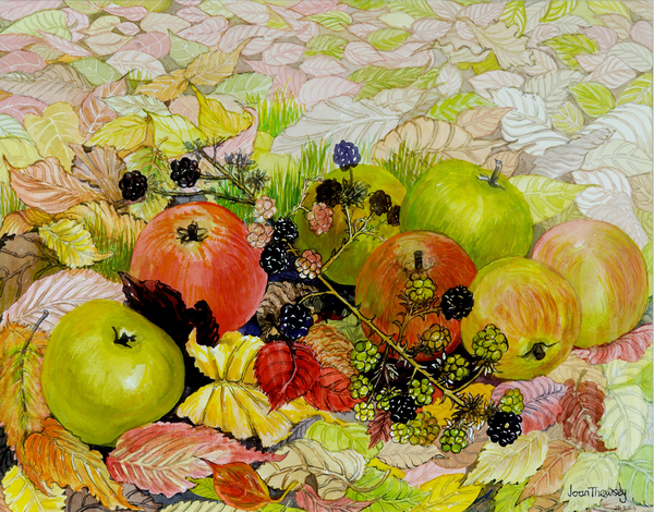 Apples and Blackberries on Autumn Leaves von Joan  Thewsey