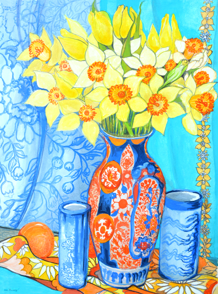 Daffodils and Tulips in an Imani Vase  oranges and textiles von Joan  Thewsey