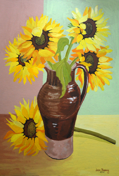Five Sunflowers in a Tall Brown Jug von Joan  Thewsey