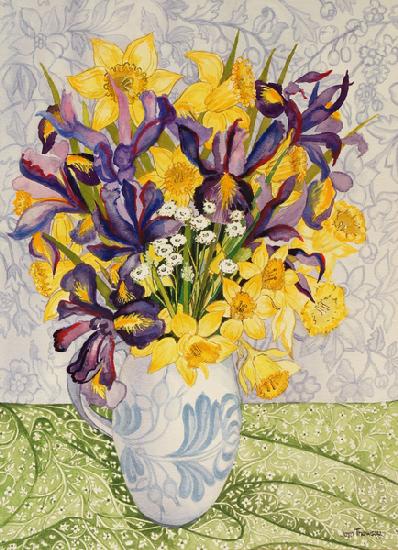 Iris and Daffodils with Patterned Textiles