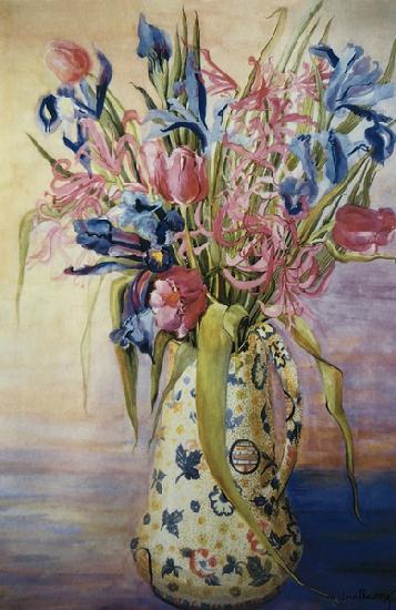 Iris, Tulips and Pink Spider Lilies in a Japanese Jug
