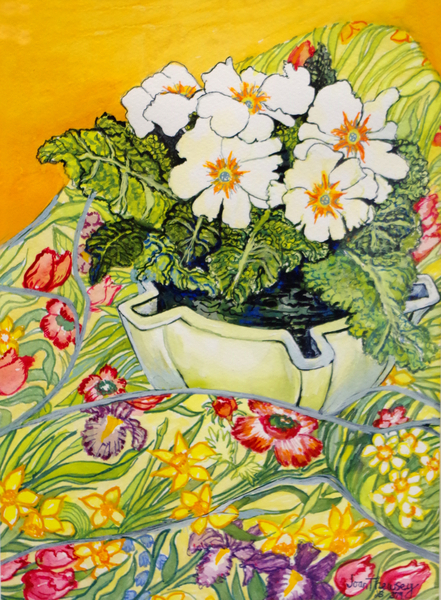 Pale Primrose in a Pot with Spring-flowered Textile von Joan  Thewsey