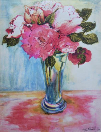 Pink Roses in a Blue Glass