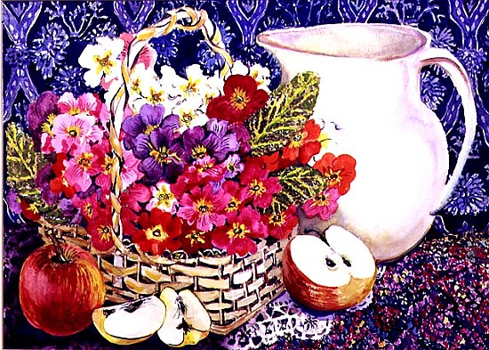 Primulas and Apples (w/c on paper)  von Joan  Thewsey