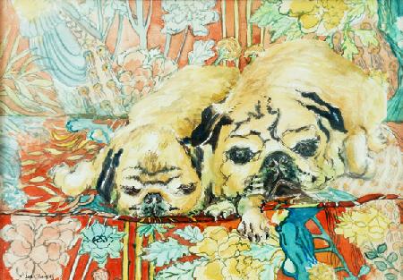 Pugs on a Chinese Print Sofa