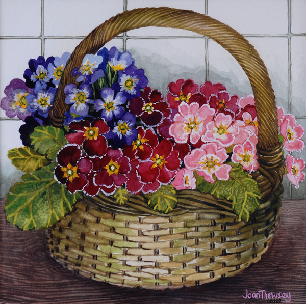 Red Mauve and Pink Primroses in a Basket von Joan  Thewsey