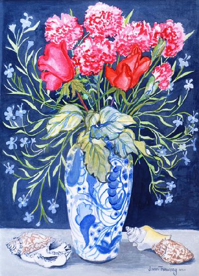 Roses, Carnations and Lobelia in a Blue and White Vase,3 Shells Textiles