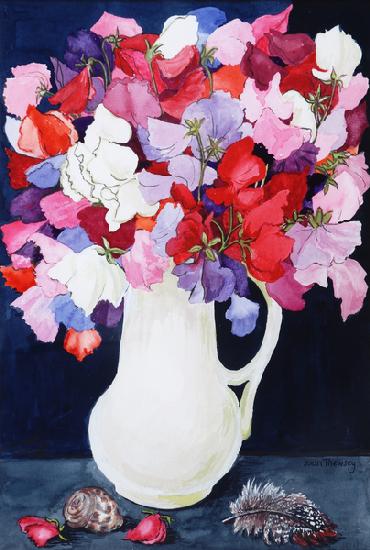 Sweet Peas in a White Jug with Shell and Feather