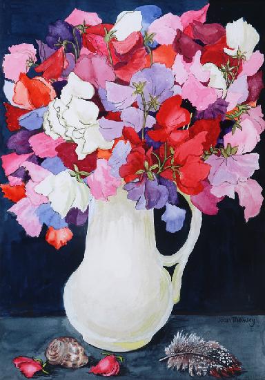 Sweet Peas in a White Jug with Shell and Feather