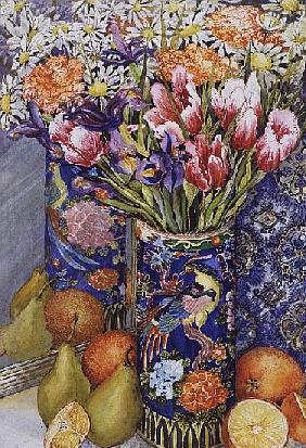 Tulips in a Japanese Vase with Fruit (w/c) 