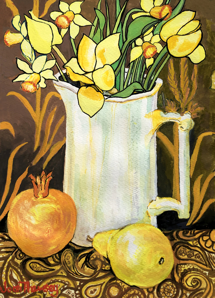 Tulips and Daffodils in a White Jug, with textiles, pomegranate and pear von Joan  Thewsey