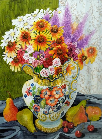Victorian Jug with Mixed Flowers,Pears and Cherries