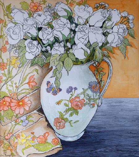 White Roses in a Patterned Jug