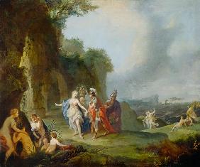Dido und Aeneas flüchten vor dem Gewitter in eine Höhle