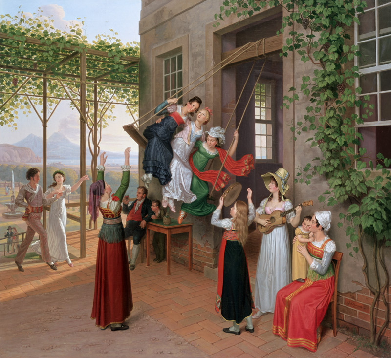 Junge Leute schaukeln in einem Garten bei Neapel von Johann Erdmann Hummel