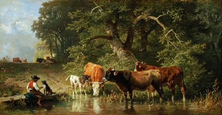Hüterbub mit Kühen an der Tränke 1881