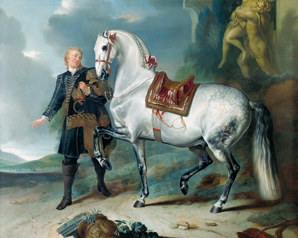 Der Apfelschimmel "Masgalan" in prächtigem Stolztritt gesattel und gezäumt von Johann Georg Hamilton