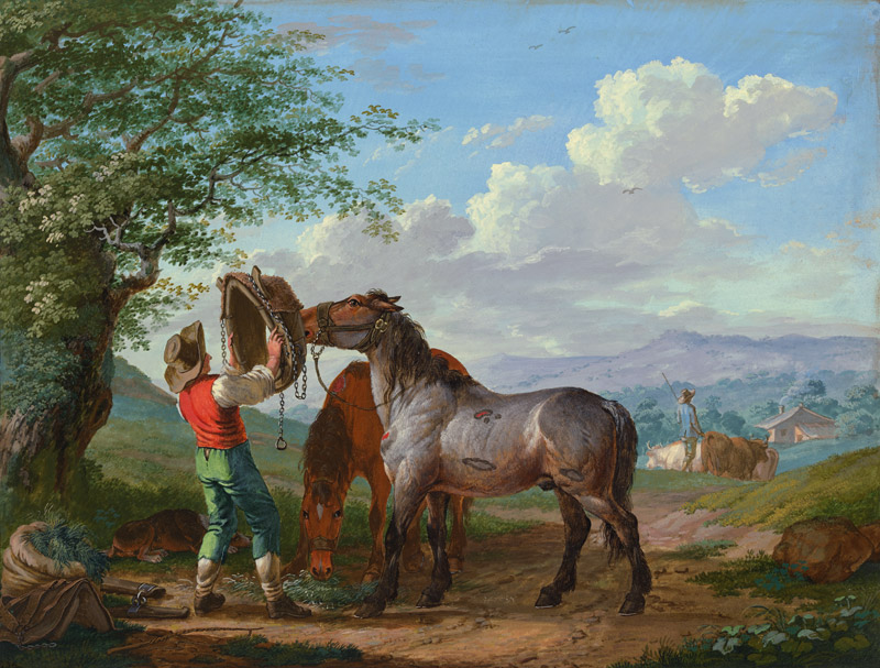 Zwei Pferde auf dem Felde unter einem Baum von Johann Georg Pforr