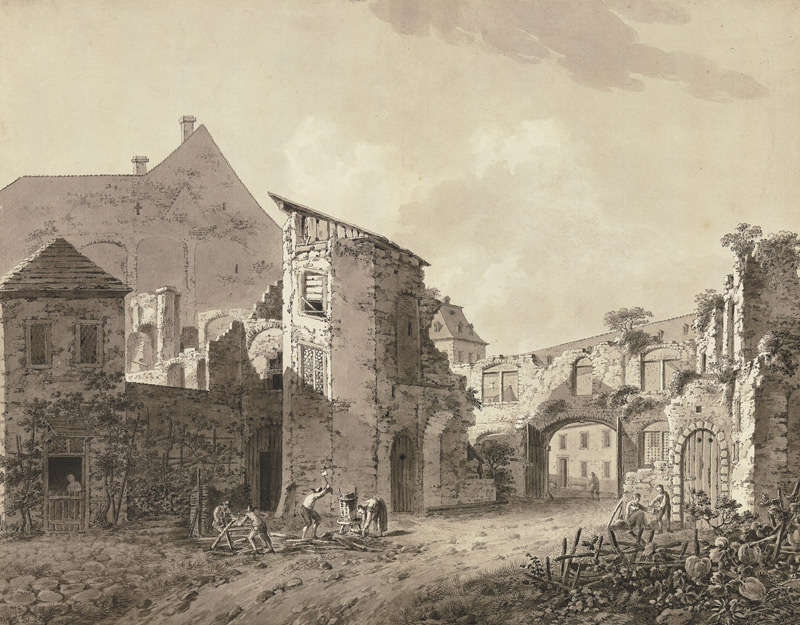 Wohnbauten zwischen Ruinen, vorne vier Figuren beim Zersägen und Hacken von Holz von Johann Heinrich Troll