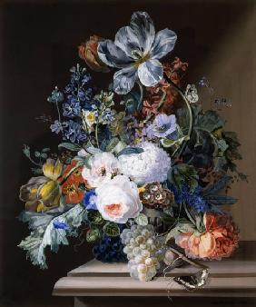 Blumenstück mit einem Schmetterling und Trauben