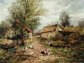 Poultry by a Pond in a Farmyard