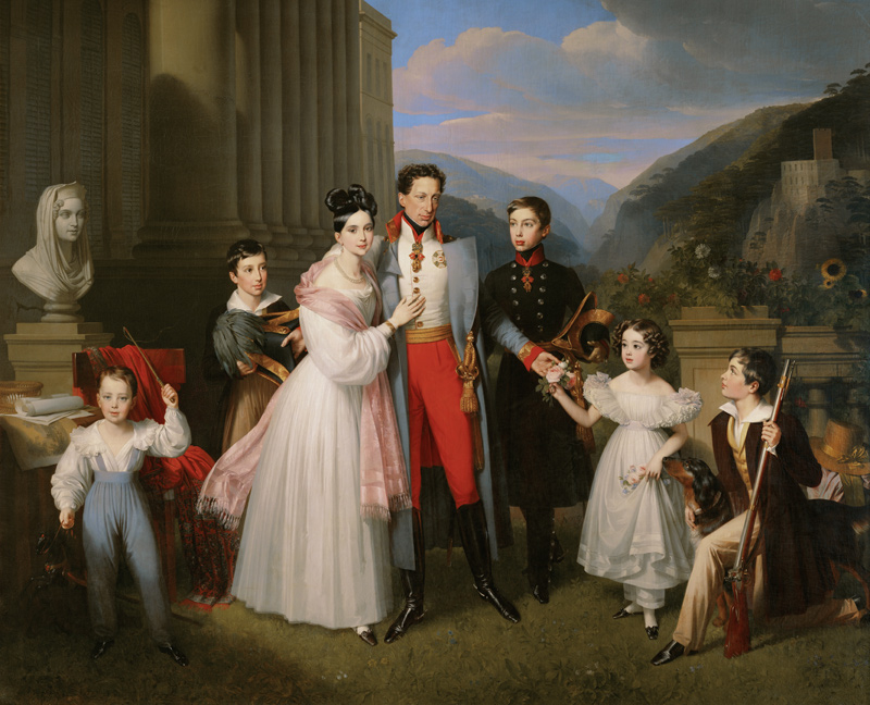 Erzherzog Karl mit Frau Henriette von Nassau-Weilburg und Kindern vor Schloss Weilburg in Baden nahe von Johann Nepomuk Ender