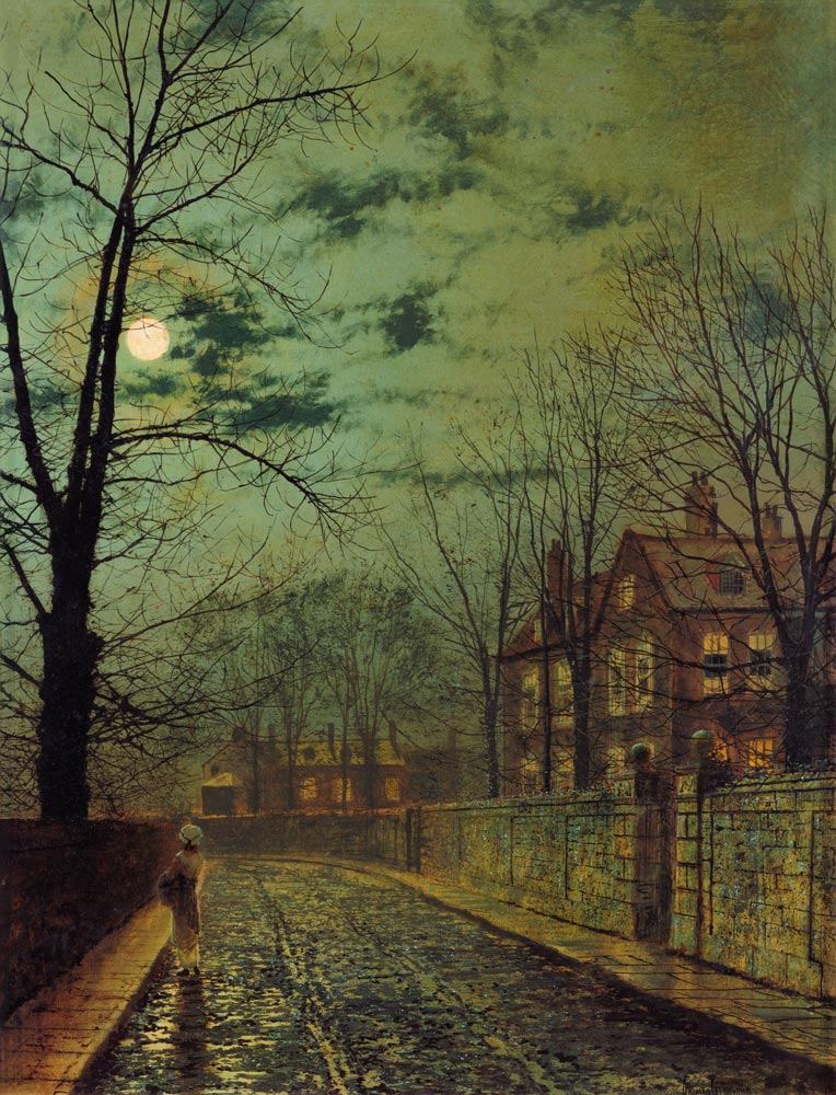 Vorstadtstraße bei Mondschein von John Atkinson Grimshaw