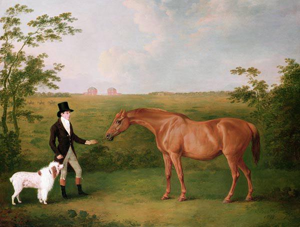 A Gentleman with a White Dog and a Chestnut Mare in a Landscape