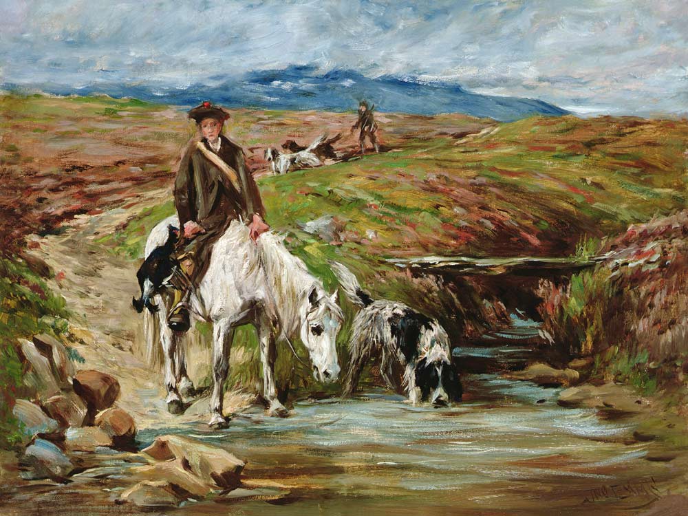 Horse and Spaniel Drinking from a Stream von John Emms