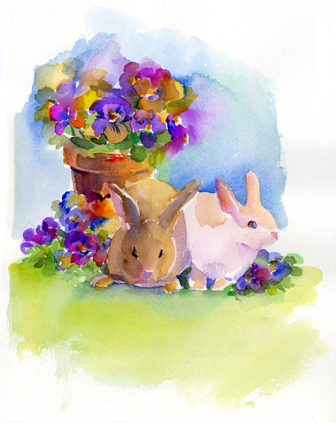 Bunnies with Pansies von John Keeling