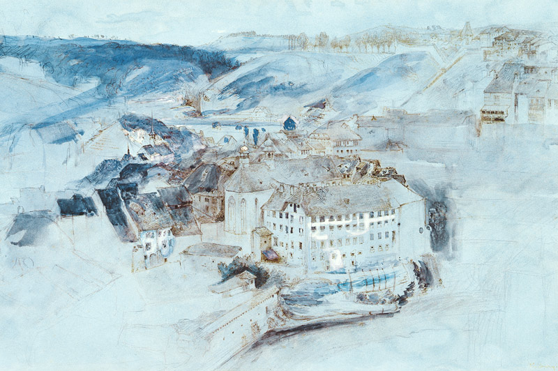 Fribourg (w/c & gouache on blue paper) von John Ruskin
