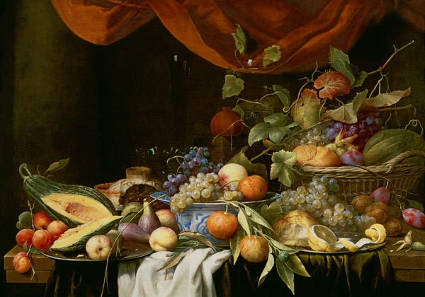 A Still Life of Fruit on a Draped Ledge von Joris van Son