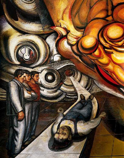 Arbeiterwelt, Opfer des Kapitalismus, Hospital de la Raza, Detail der Auditoriumdecke mit Fresken vo