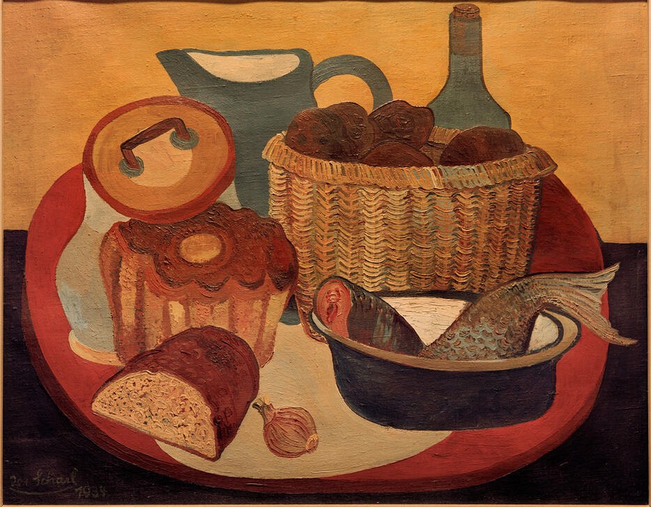 Still life with bread basket (bread basket - fish) von Josef Scharl