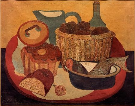 Still life with bread basket (bread basket - fish)
