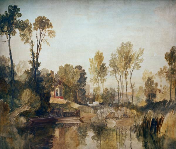 Haus am Fluss mit Bäumen und Schafen von William Turner