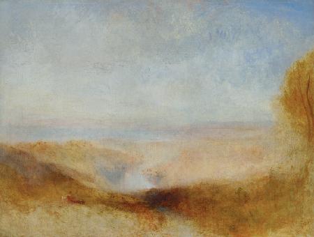 Landschaft mit Fluß und Bucht in der Ferne