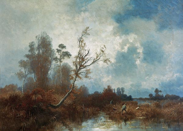 Herbsttag im Dachauer Moos mit Jägern und Hunden von Joseph Wenglein