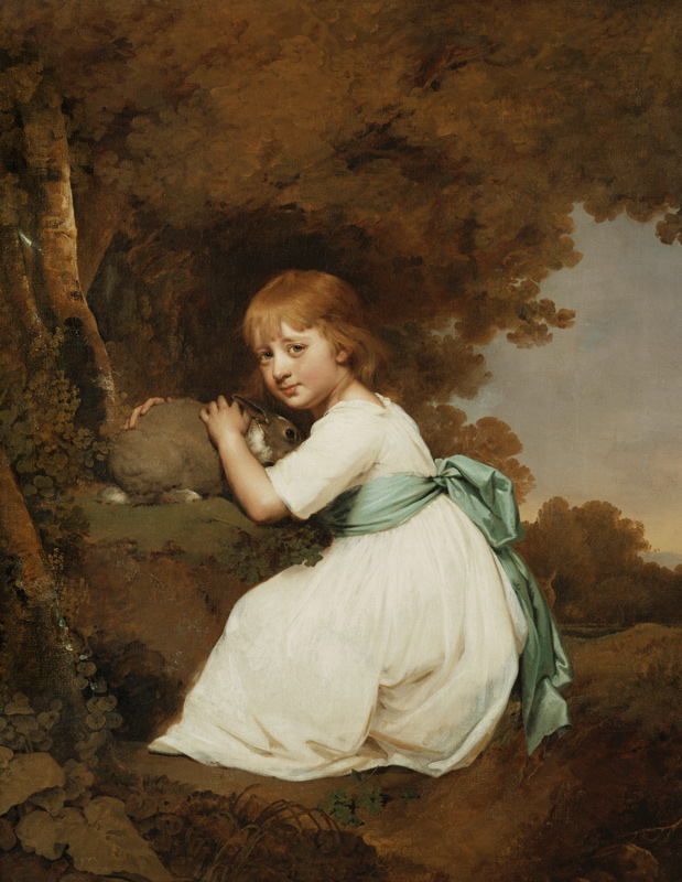 Miss Bentley mit einem Hasen vor einer Landschaft von Joseph Wright of Derby