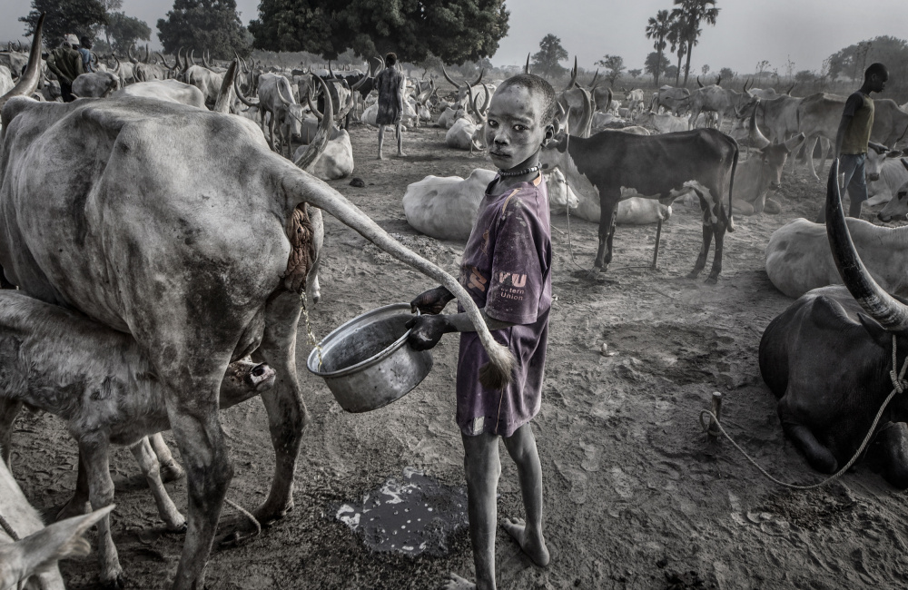 Mundari child filling the container with cow urine - South Sudan von Joxe Inazio Kuesta Garmendia