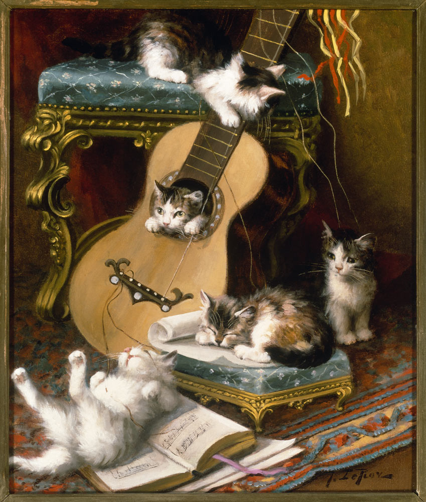 Kätzchen beim Spiel mit einer Gitarre von Jules Leroy