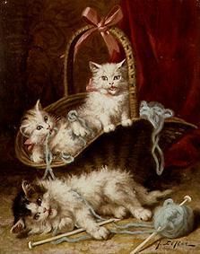 Junge Katzen beim Spiel mit Wollknäuel von Jules Leroy