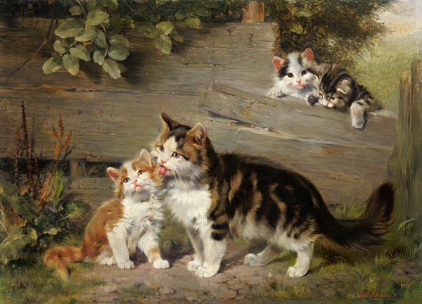 Katzenmutter mit drei Jungen von Julius Adam