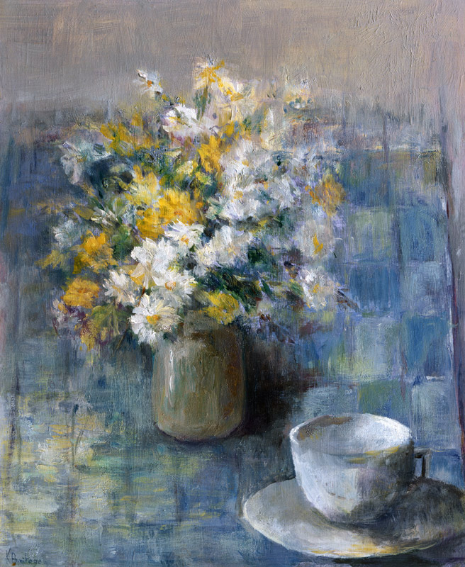 Teacup and Daisies (oil on canvas)  von Karen  Armitage